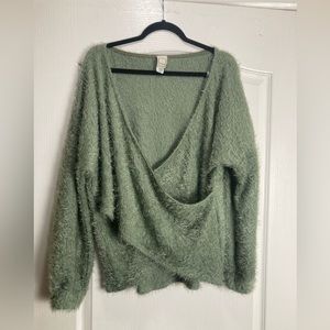 Lilian Faux Wrap Eyelash Knit Sweater with Balloon Sleeves,Size 3X,Mint Green